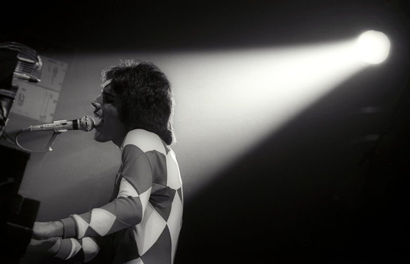 Freddie Mercury of Queen at the microphone under a spotlight, Cardiff Castle, black-and-white photograph by Martyn Goddard, 1976.