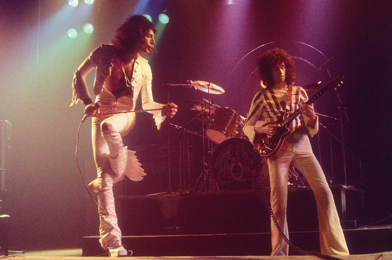Freddie Mercury and Brian May of Queen performing live in Bristol, photographed by Martyn Goddard, 1975.