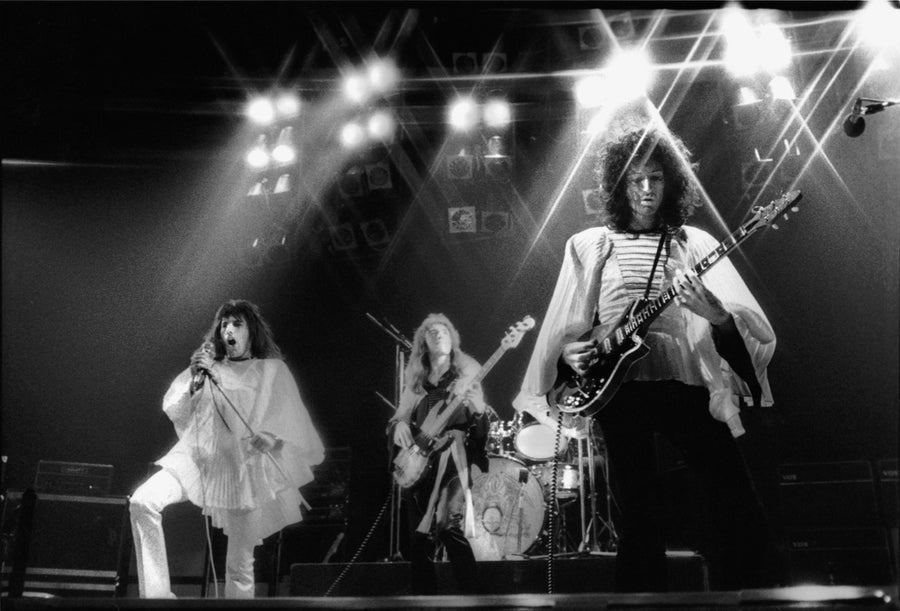 Queen, Rainbow Theatre in London, UK, 1974, photographed by Mick Rock.