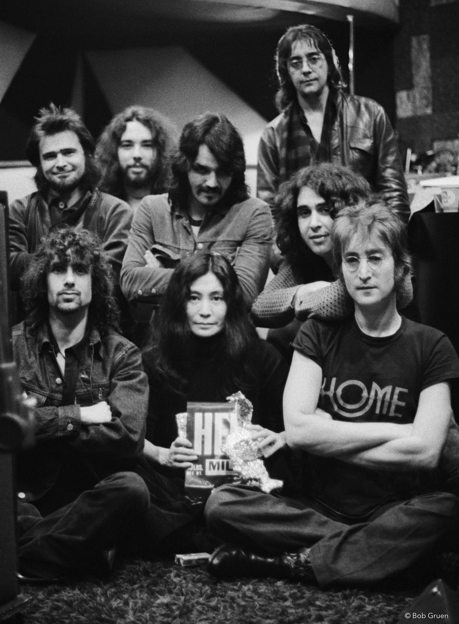 Yoko Ono and John Lennon with band. Record Plant, NYC, 1972, photographed by Bob Gruen.