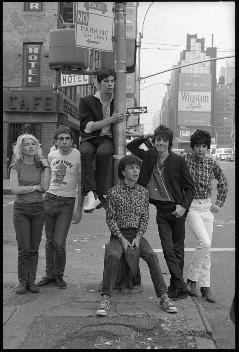 Blondie photographed on a New York City street corner in 1977 by Roberta Bayley during the CBGB era.