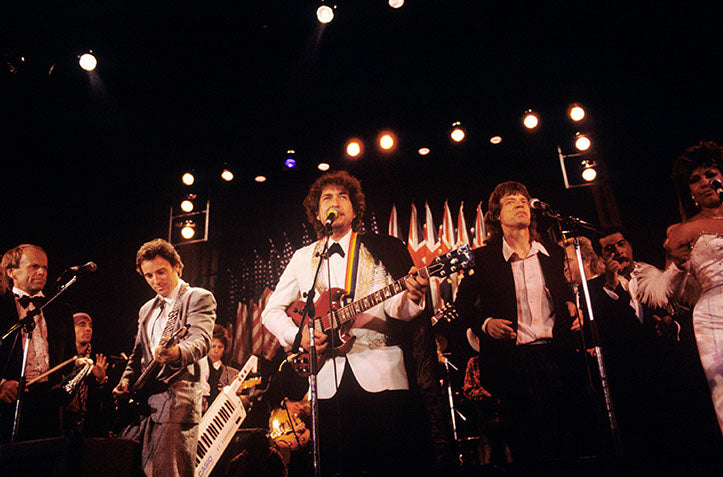 Bob Dylan, Mick Jagger and Bruce Springsteen, New York City, 1988. Photograph by Ebet Roberts.