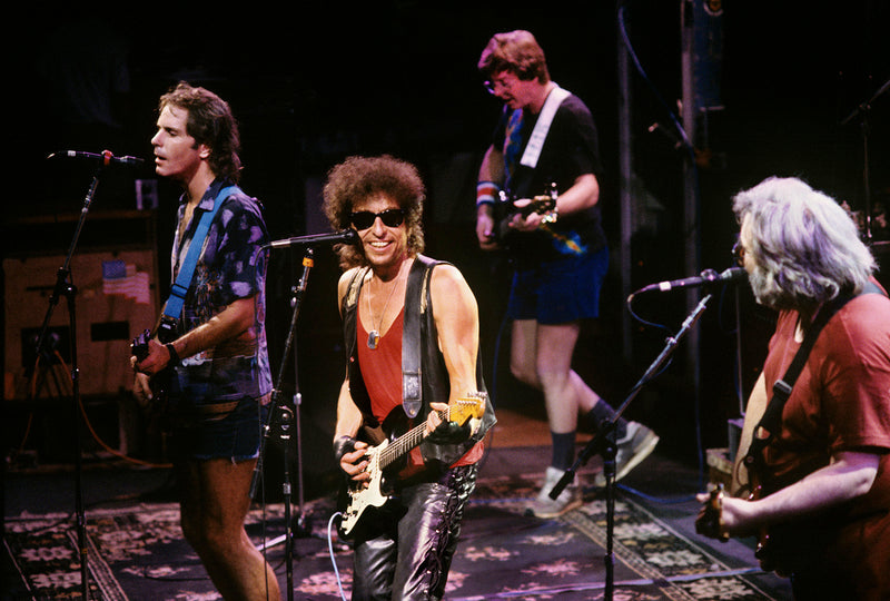 Bob Dylan with the Grateful Dead, RFK Stadium, Washington, D.C., 1986. Photograph by Ebet Roberts.
