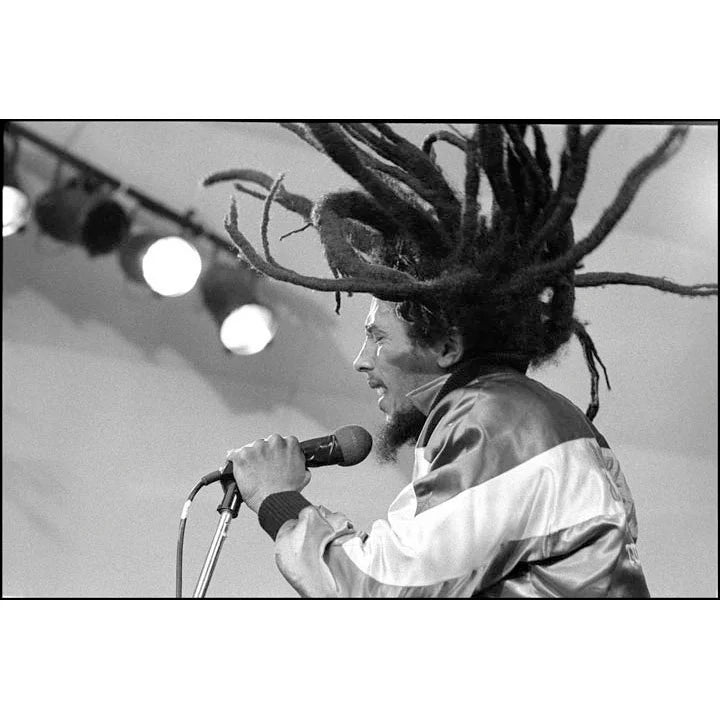Bob Marley singing into a microphone, his locks flying, at the Crystal Palace Bowl, London, in 1980, photographed by David Corio.