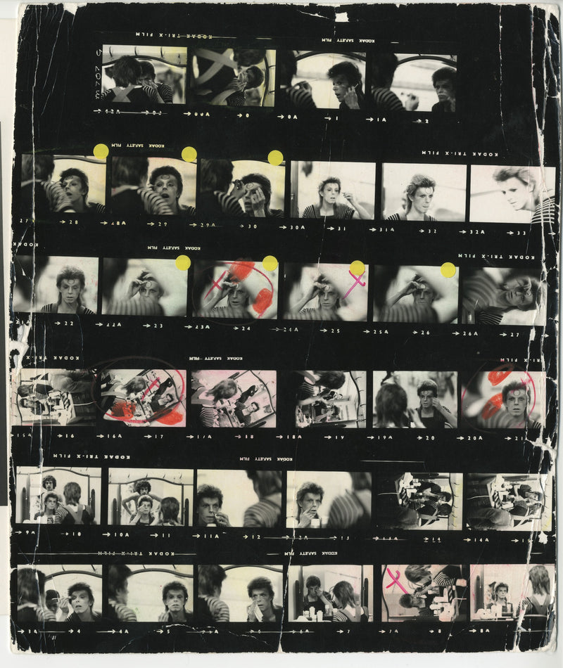 Original contact sheet of David Bowie backstage on the 1972 Scotland tour, photographed by Mick Rock. Unique vintage gelatin silver print.