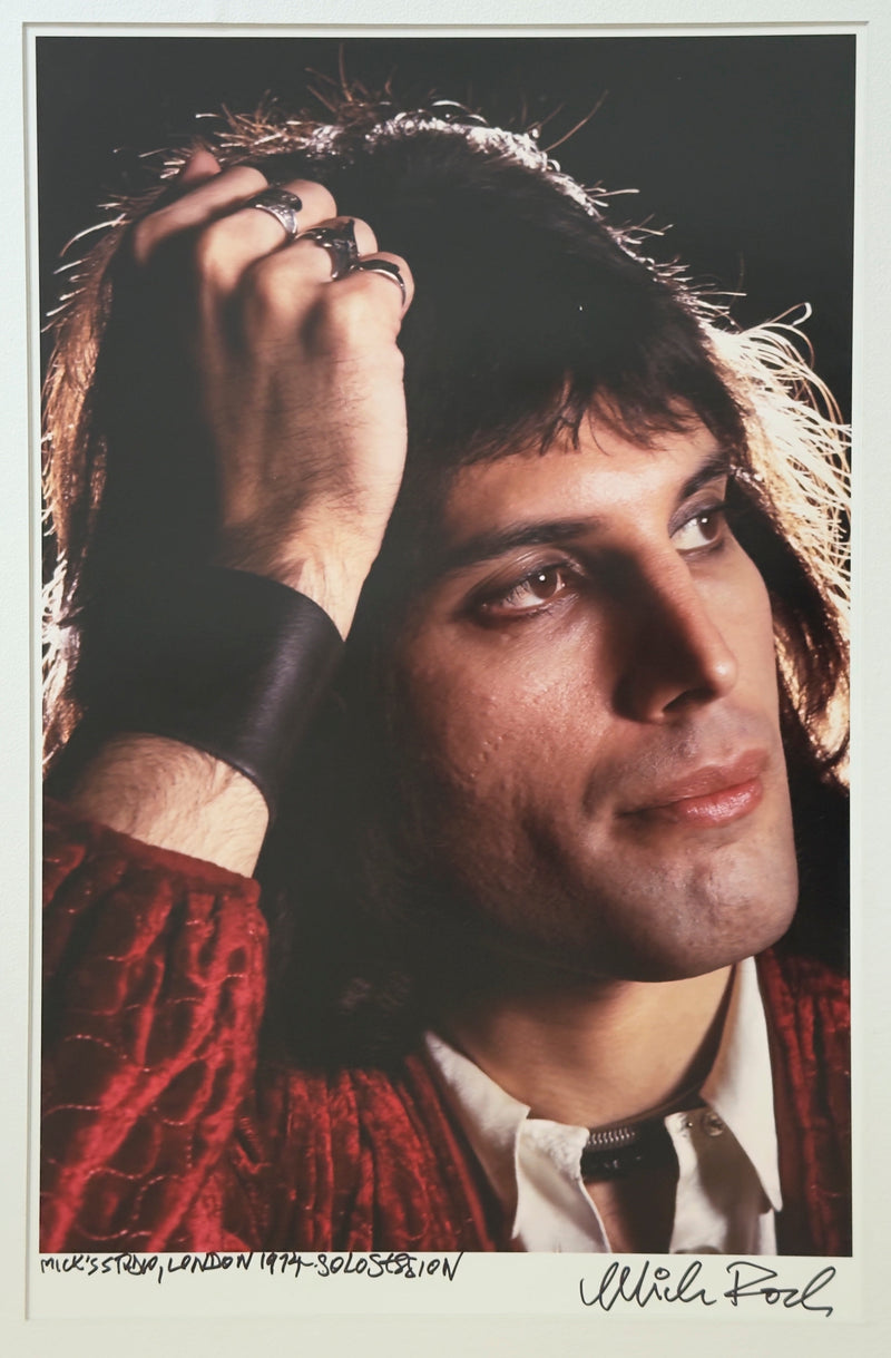 Freddie Mercury in Mick Rock's London studio solo session, 1974, hand-titled and signed by Mick Rock.