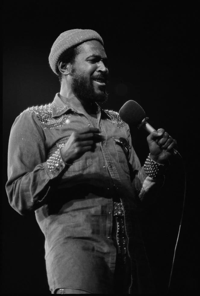 Marvin Gaye performing in Oakland, California, 1974, photographed by Michael Zagaris.