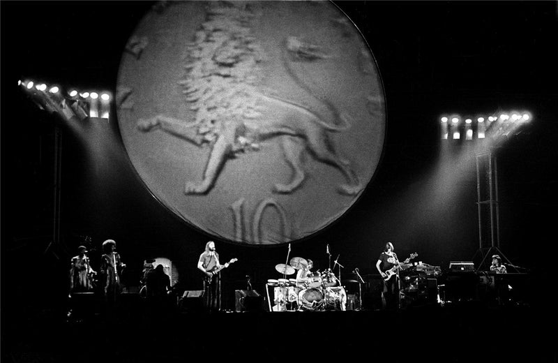 Pink Floyd performing The Dark Side of the Moon at Wembley Arena, London, 1974, photographed by Barrie Wentzell.
