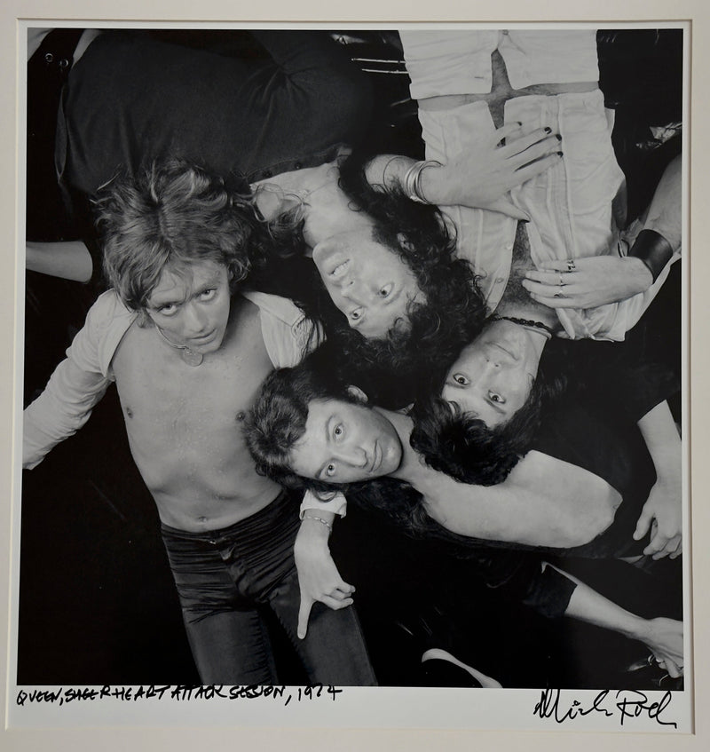 Queen during the Sheer Heart Attack session, 1974, hand-titled and signed by Mick Rock.