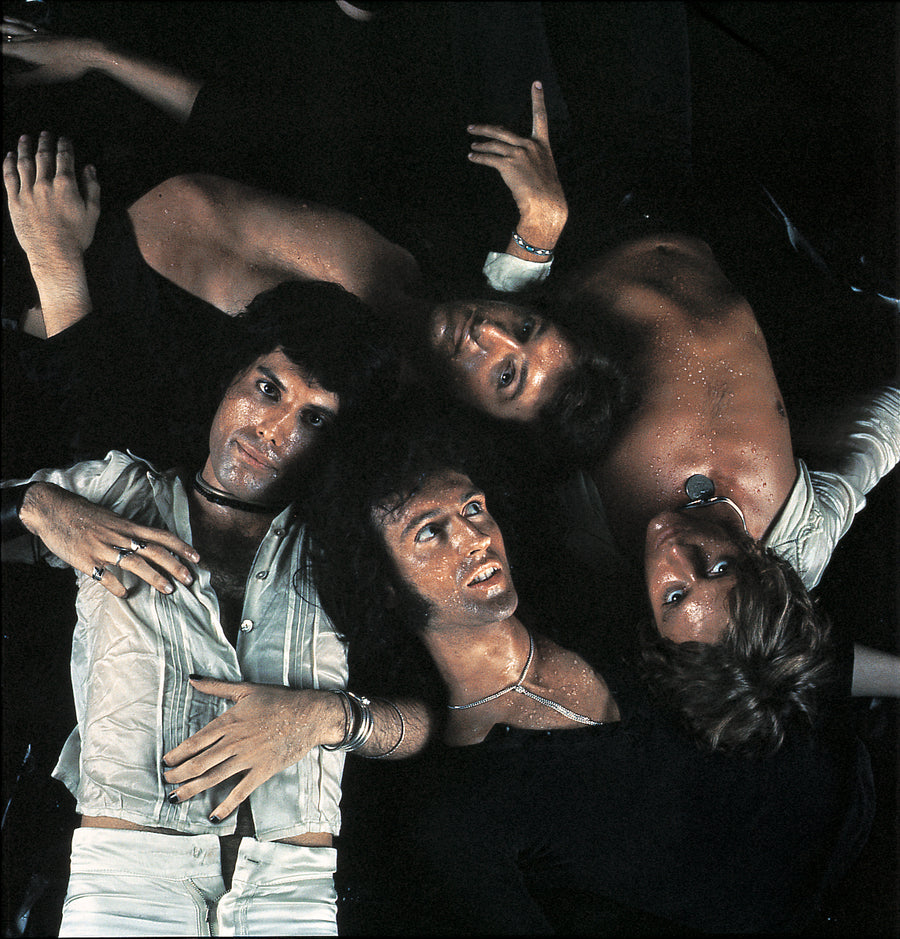 Queen during the Sheer Heart Attack album cover session, photographed by Mick Rock in London, 1974.
