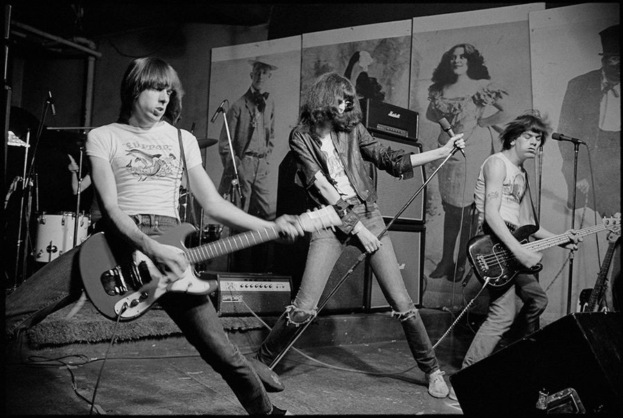 Ramones on stage at CBGB, New York City, 1976, photographed by Roberta Bayley.