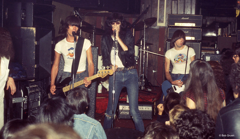 Ramones performing at CBGB, New York City, 1976, photographed by Bob Gruen.