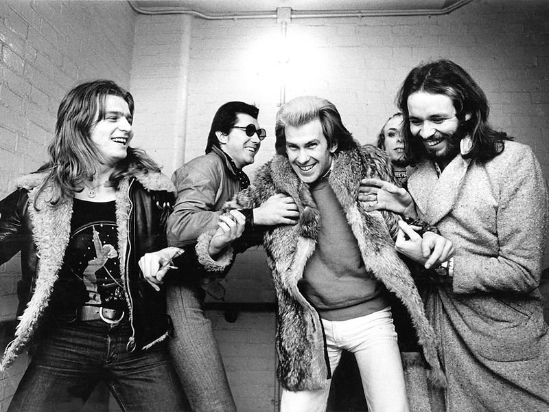 Roxy Music gathered together for an informal group portrait in 1972. Photograph by Gijsbert Hanekroot.