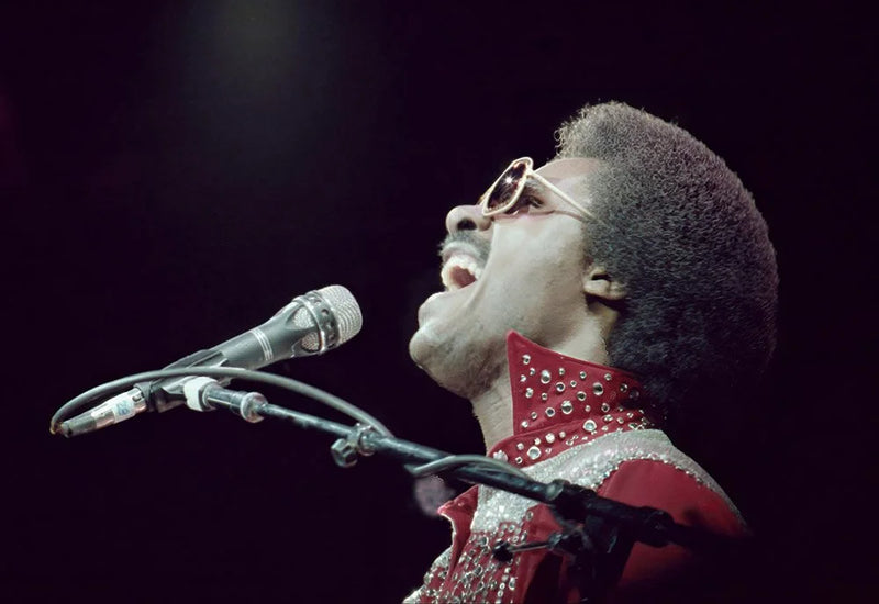 Stevie Wonder in performance, Toronto, 1985, photographed by John Rowlands.