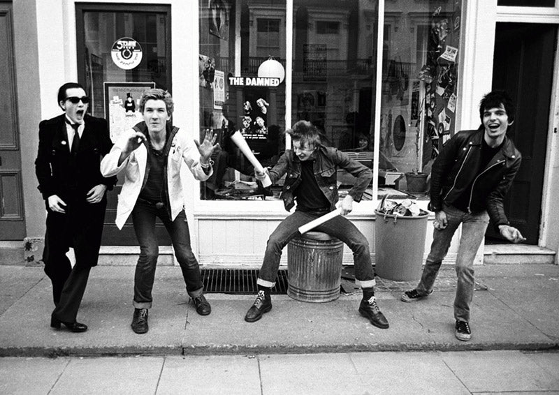 The Damned posing outside Mercury Records in London, UK, photographed by Ian Dickson.