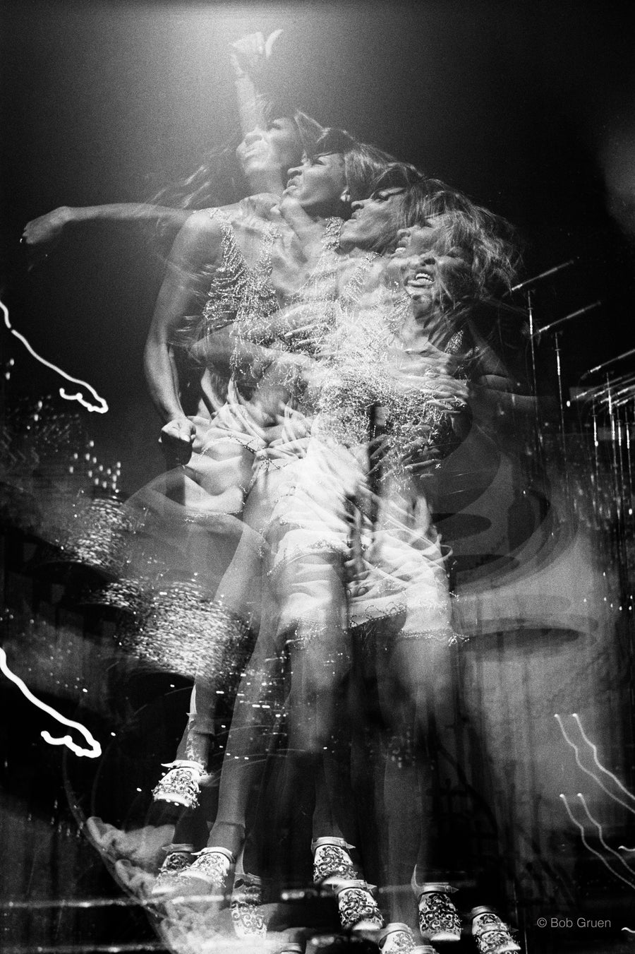 Tina Turner in a multiple exposure photograph while performing at the Honka Monka Club, New York City, 1970, photographed by Bob Gruen.