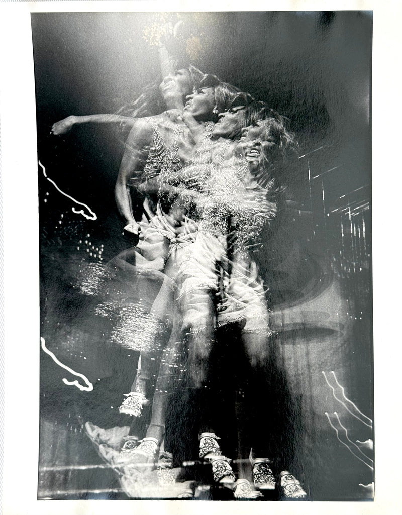 Original vintage gelatin silver print of Tina Turner performing at the Honka Monka Club, New York City, 1970, a multiple-exposure image photographed by Bob Gruen.