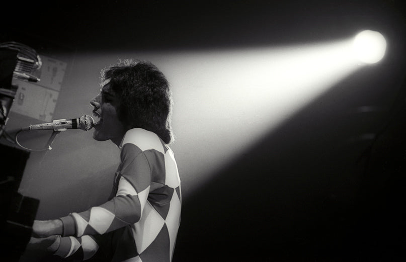 Freddie Mercury of Queen at the microphone under a spotlight, Cardiff Castle, black-and-white photograph by Martyn Goddard, 1976.