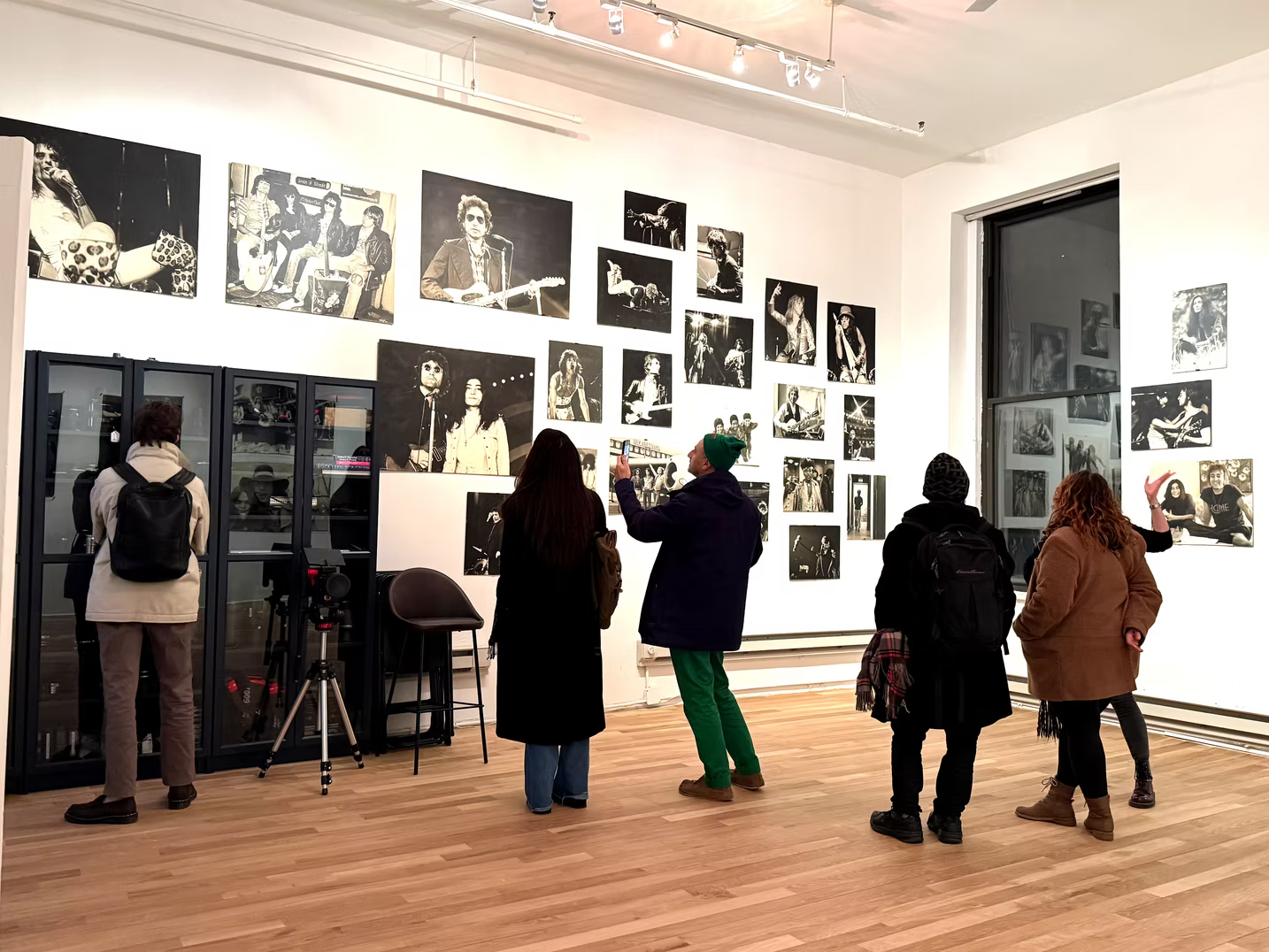 Installation view of Bob Gruen: Vintage Photographs from the 1970s, featuring vintage gelatin silver prints mounted on masonite at The Music Photo Gallery, SoHo, New York.