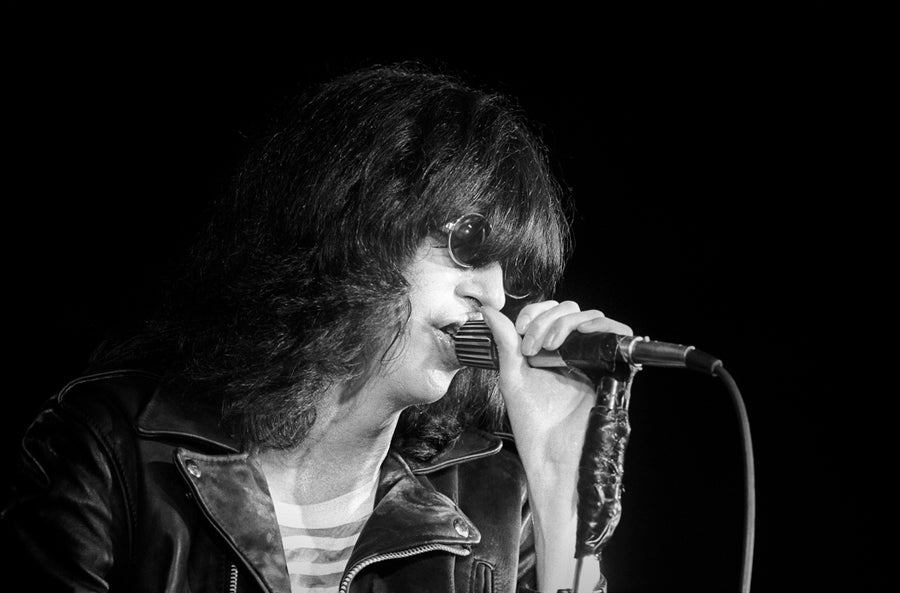 Joey Ramone microphone close-up, Boston, Massachusetts, 1981, photographed by Michael Grecco.