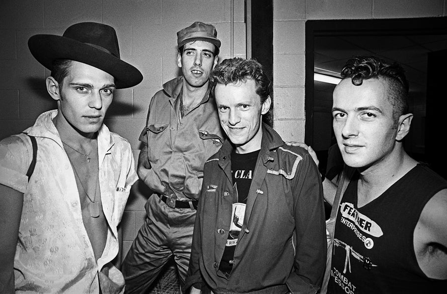 The Clash backstage group portrait, South Yarmouth, Massachusetts, 1981, photographed by Michael Grecco.
