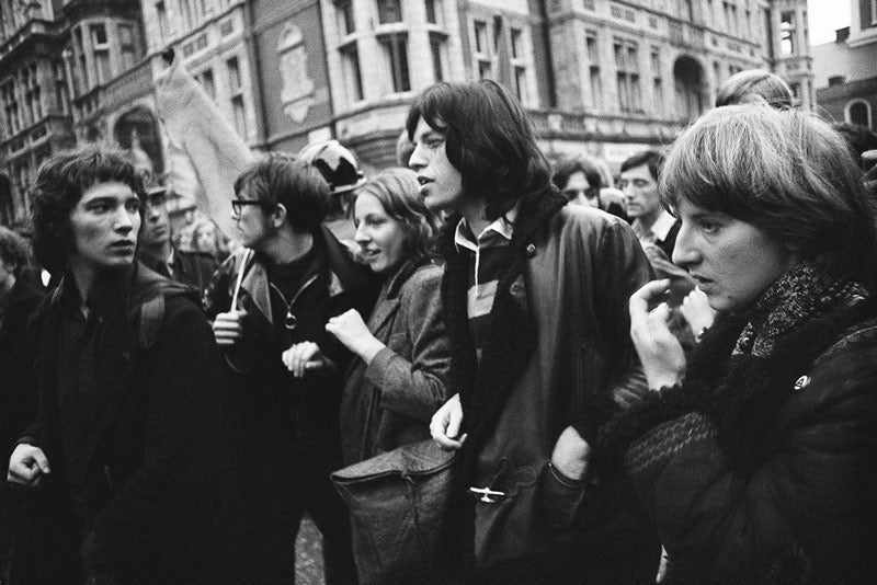 Mick Jagger at the Grosvenor Square anti-war demonstration, London, photographed by Michael Cooper, 1968.