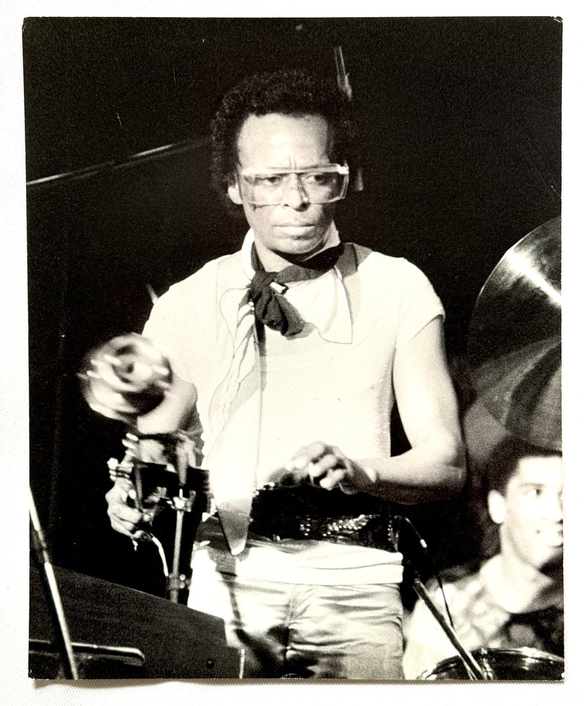 Original vintage gelatin silver print of Miles Davis performing at the Bottom Line, New York City, 1974, photographed by Bob Gruen.
