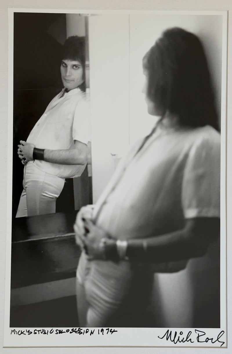 Freddie Mercury during Mick Rock's studio solo session, 1974, hand-titled and signed by Mick Rock.