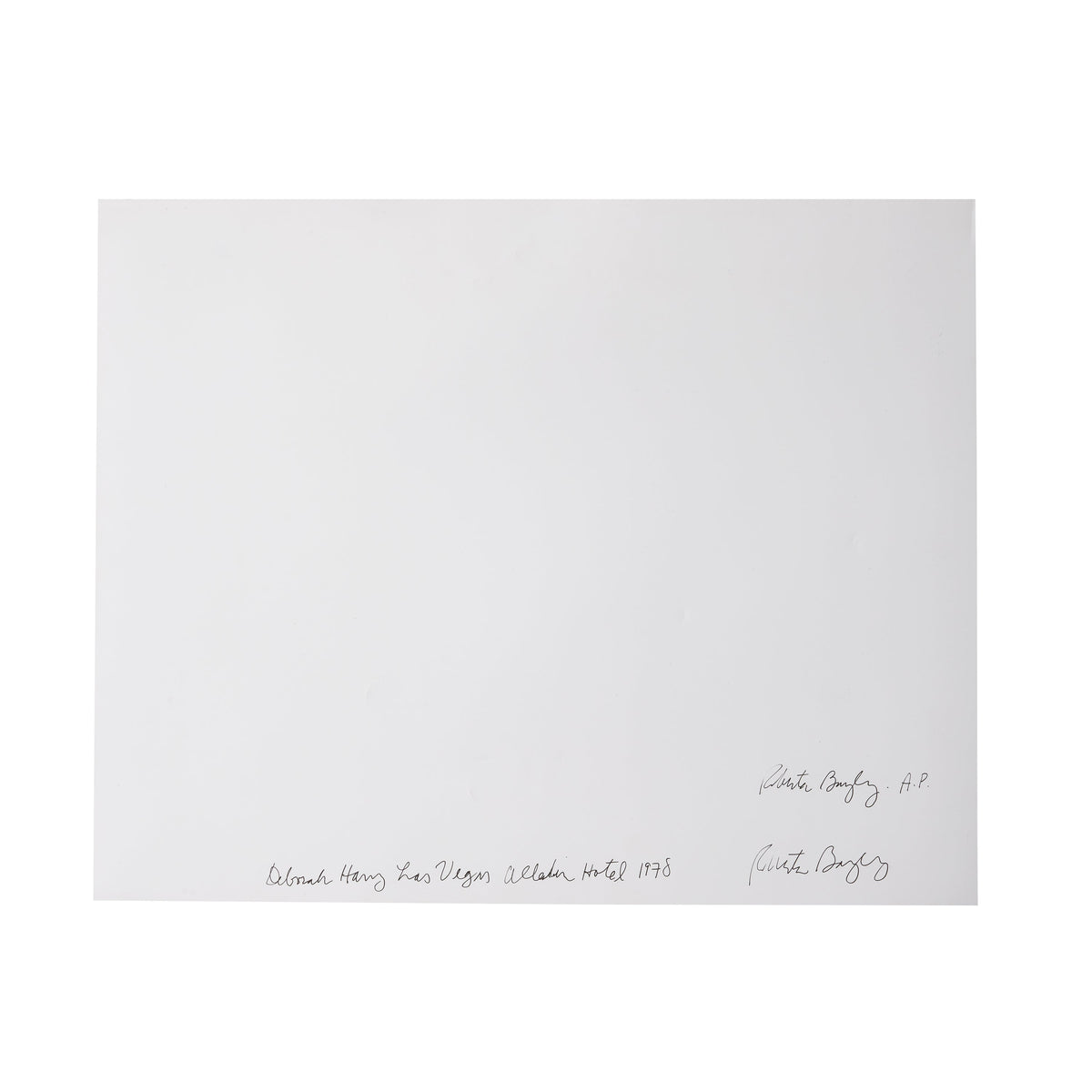 Verso of the cibachrome, double-signed, titled and dated A.P. by Roberta Bayley, Las Vegas 1979.