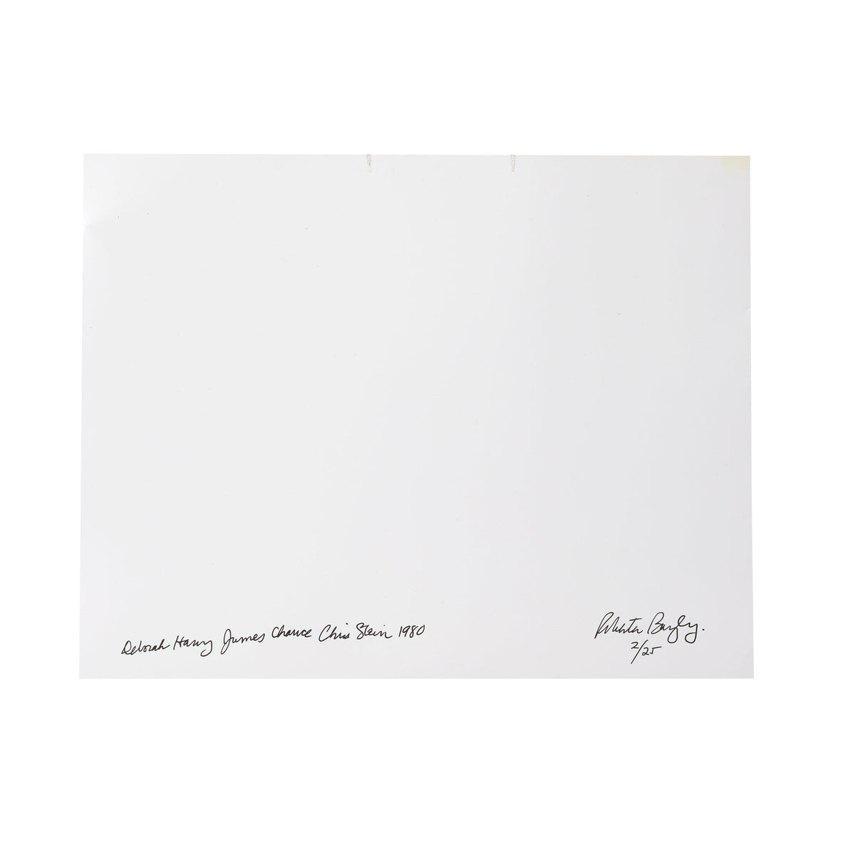 Verso of the cibachrome, signed, titled, numbered 2/25 and dated by Roberta Bayley, 1980.