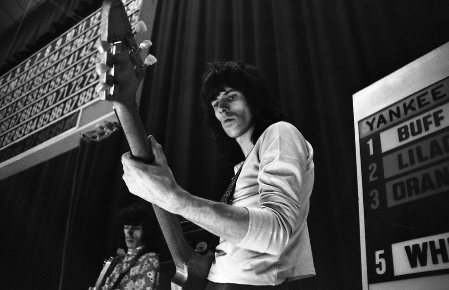 Keith Richards playing guitar during rehearsals for The Rolling Stones’ Hyde Park concert, London, 1969 – photograph by Michael Cooper
