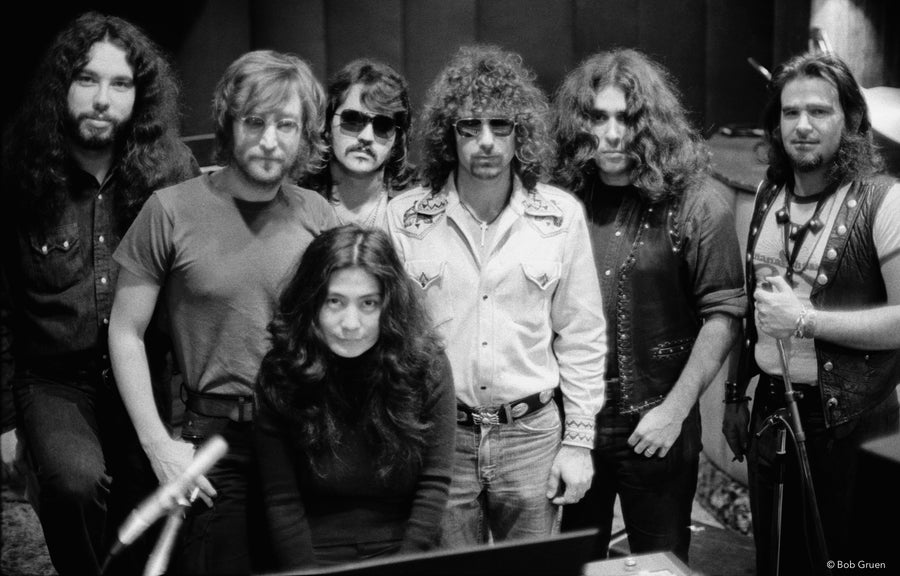 John Lennon & Yoko Ono with The Elephants Memory. Record Plant, NYC, 1972, photographed by Bob Gruen.