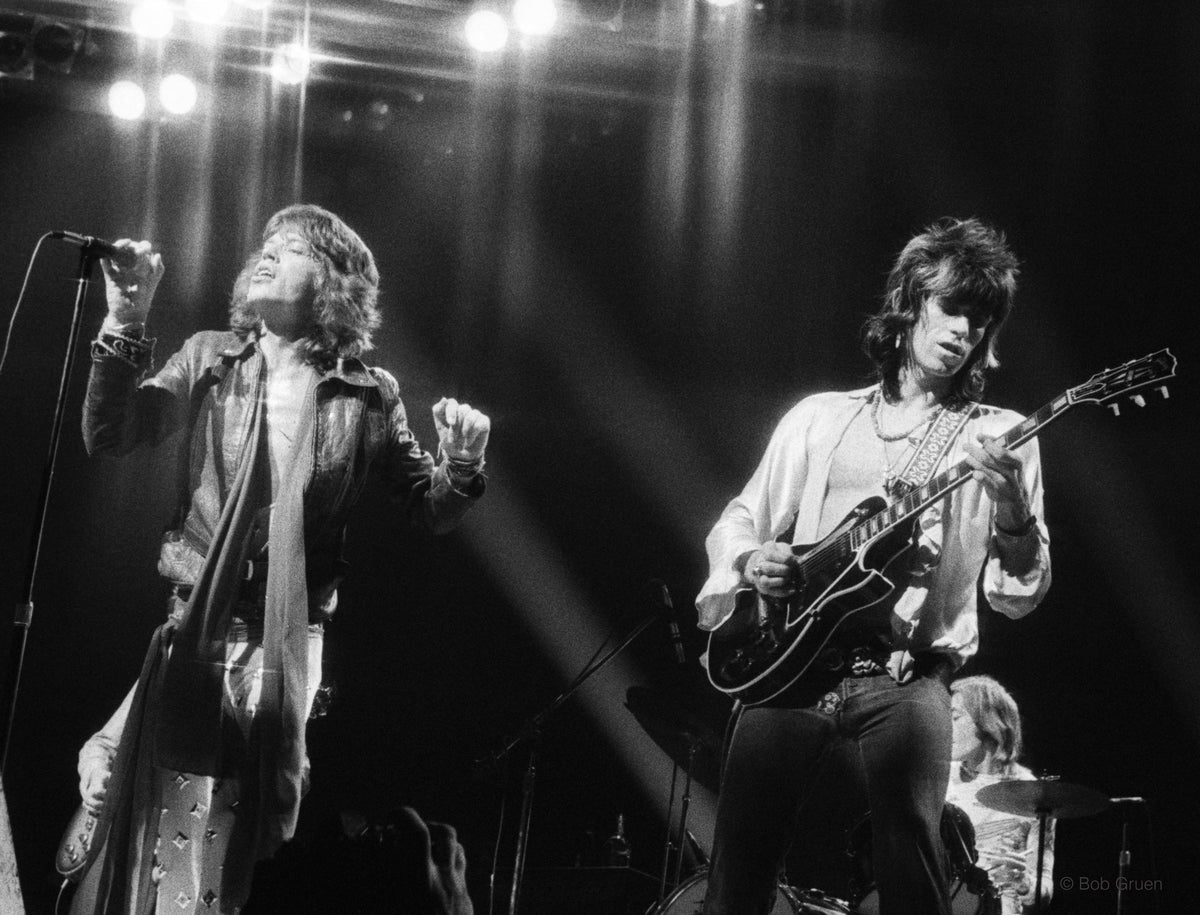 Mick Jagger and Keith Richards, Madison Square Garden, New York City, 1972, photographed by Bob Gruen.
