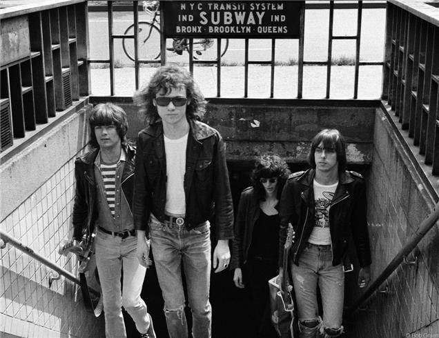 Ramones emerging from the subway, New York City, 1975, photographed by Bob Gruen.