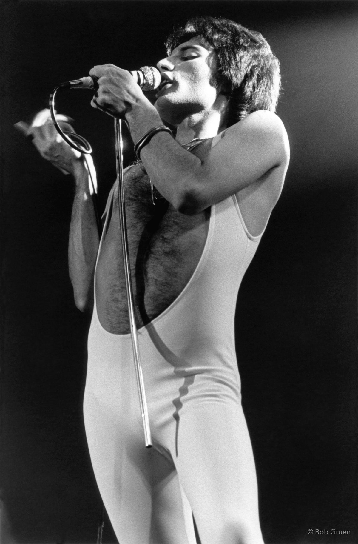 Freddie Mercury of Queen on stage at Madison Square Garden, New York City, February 5, 1977, photographed by Bob Gruen.