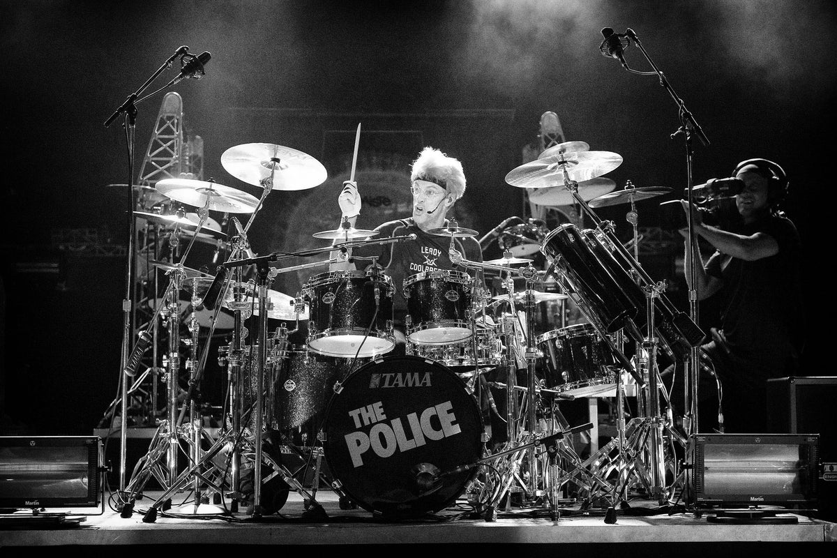 Stewart Copeland at Shoreline Amphitheatre, Mountain View, California, 2008, photographed by Jérôme Brunet.