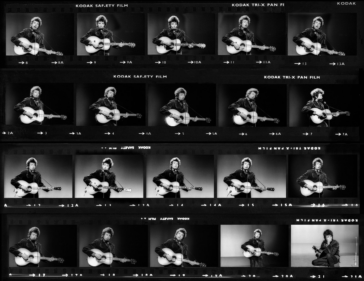 Bob Dylan contact sheet, 1965, photographed by Barrie Wentzell.
