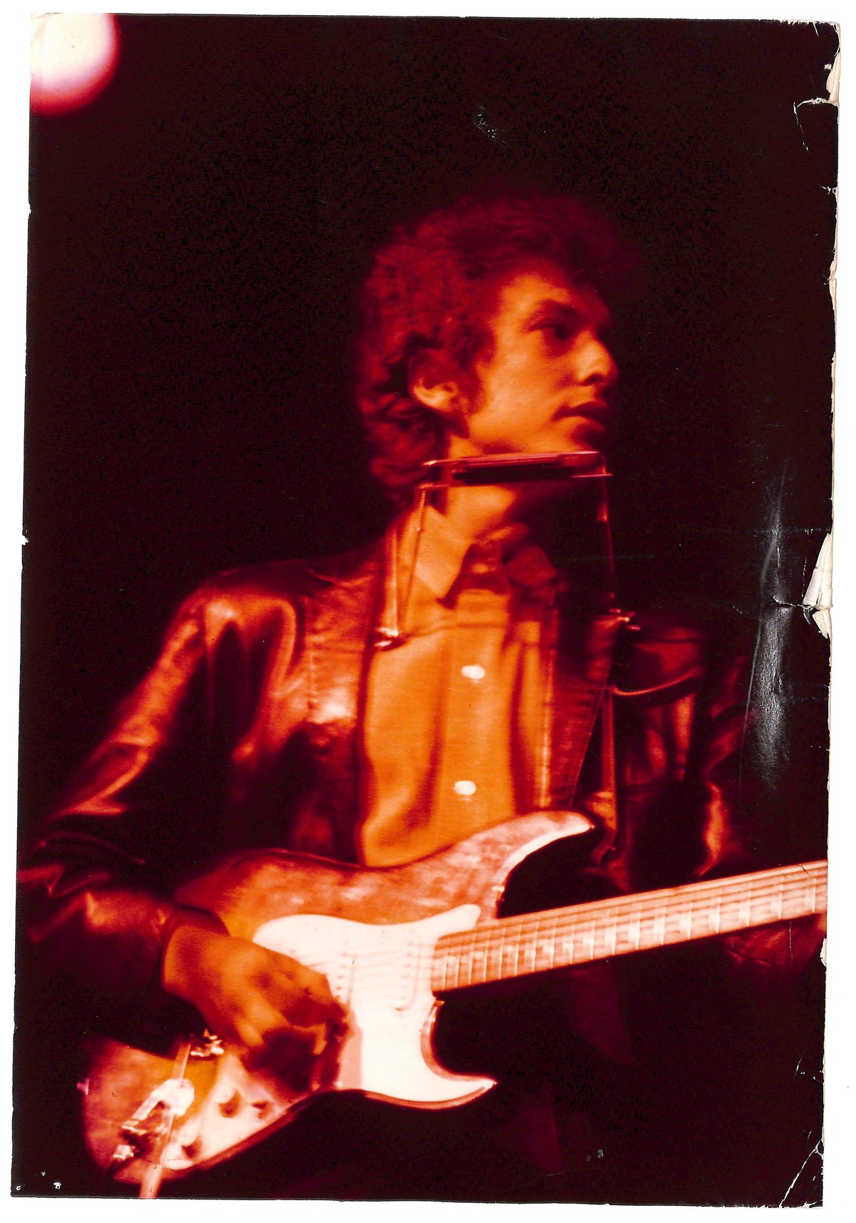 Original vintage chromogenic print (C-Print) of Bob Dylan performing at the Newport Folk Festival, Newport, Rhode Island, 1965, photographed by Bob Gruen.
