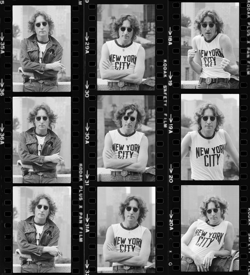 Contact sheet from the NYC T-Shirt session featuring John Lennon in New York City, 1974, photographed by Bob Gruen.