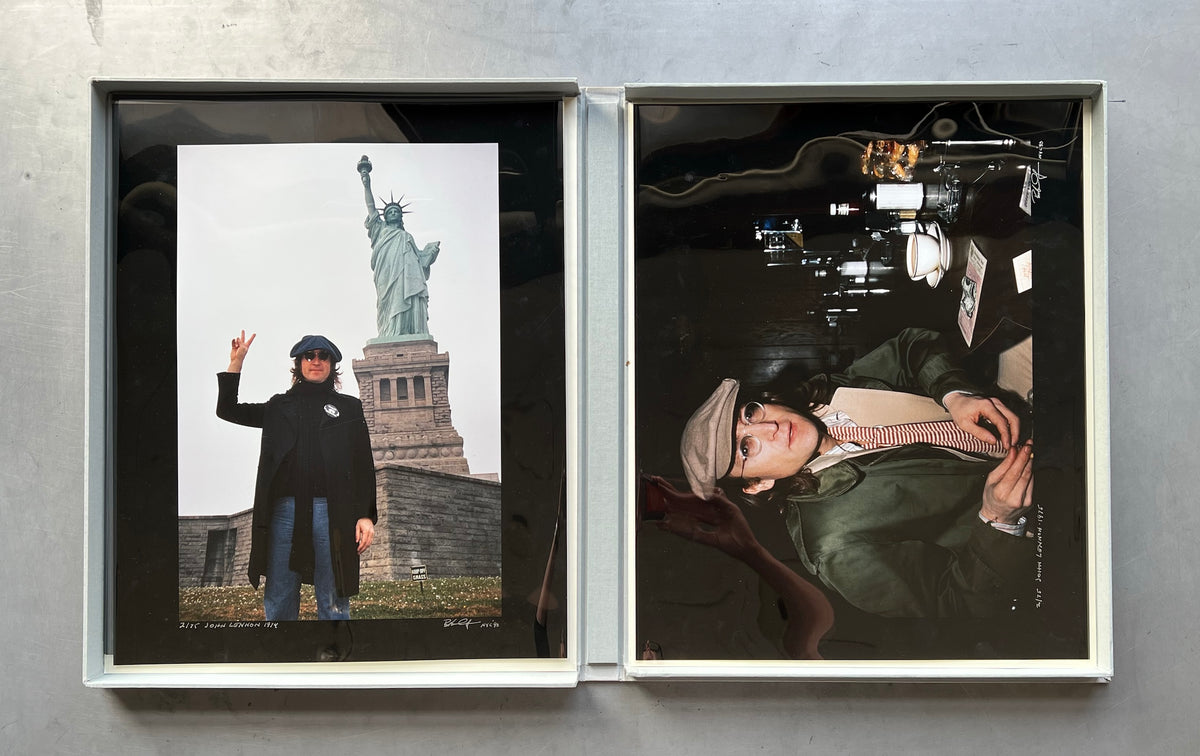 Working Class Hero Portfolio by Bob Gruen featuring John Lennon, original 1990 Cibachrome prints: Statue of Liberty (1974) and Working Class Hero (1975).