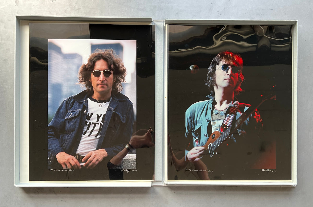 Working Class Hero Portfolio by Bob Gruen featuring John Lennon, original 1990 Cibachrome prints: NYC T-Shirt / Denim Jacket (1974) and Live at One to One Concert, Madison Square Garden (1972).