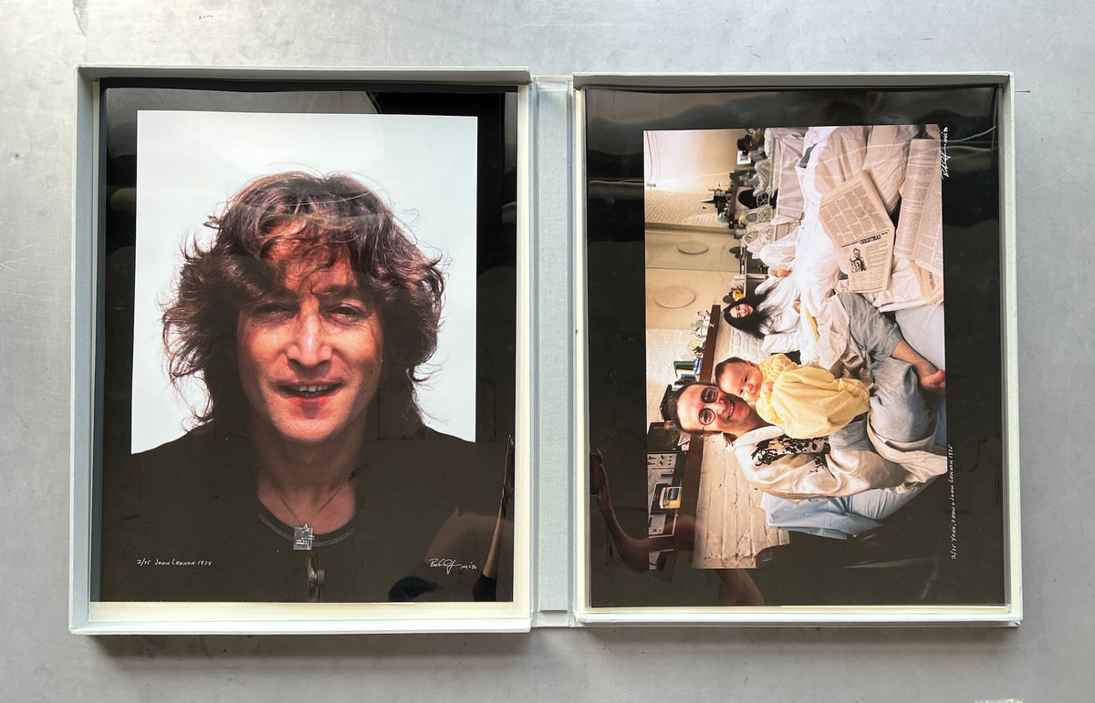 Working Class Hero Portfolio by Bob Gruen featuring John Lennon, original 1990 Cibachrome prints: Walls & Bridges Portrait (1974) and Proud Papa with Yoko Ono and Sean Lennon (1975).