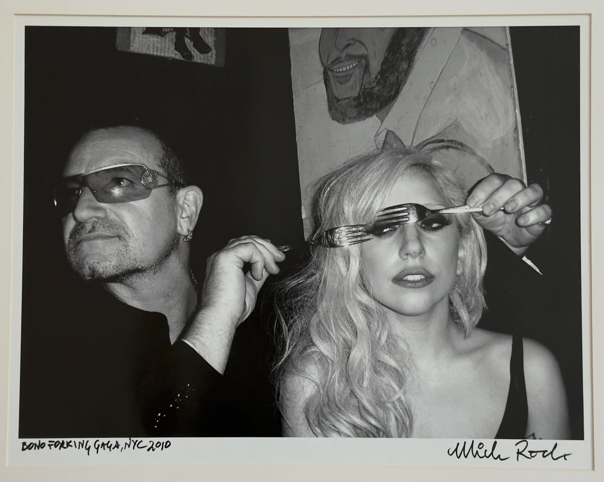 Bono and Lady Gaga in New York City, 2010, hand-titled and signed by Mick Rock.