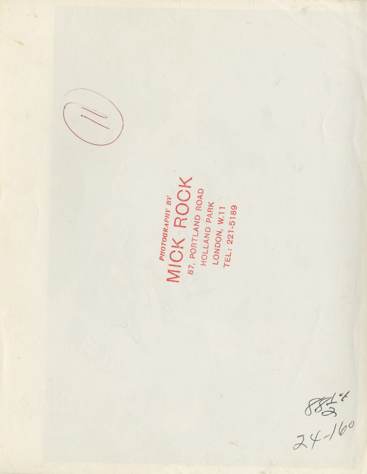 Verso of the David Bowie acoustic vintage print, hand-annotated and stamped by Mick Rock.
