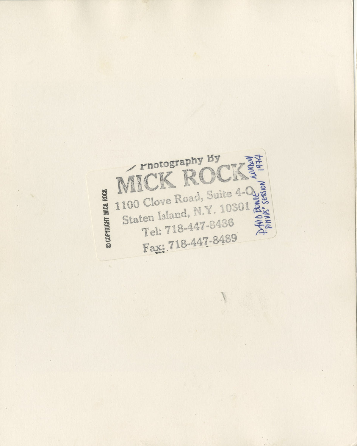 Verso of the David Bowie Sax Series close-up vintage print, hand-annotated and stamped by Mick Rock.