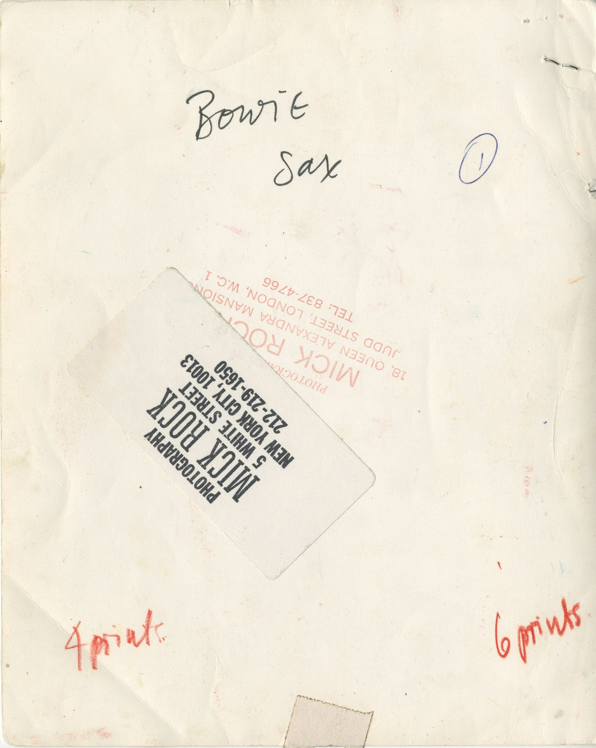 Verso of the David Bowie Sax Series vintage print, hand-annotated and stamped by Mick Rock.