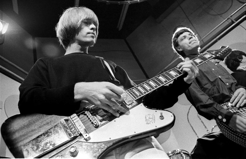 Brian Jones and Mick Jagger of The Rolling Stones at Ready Steady Go!, London, 1966, photographed by Barrie Wentzell.