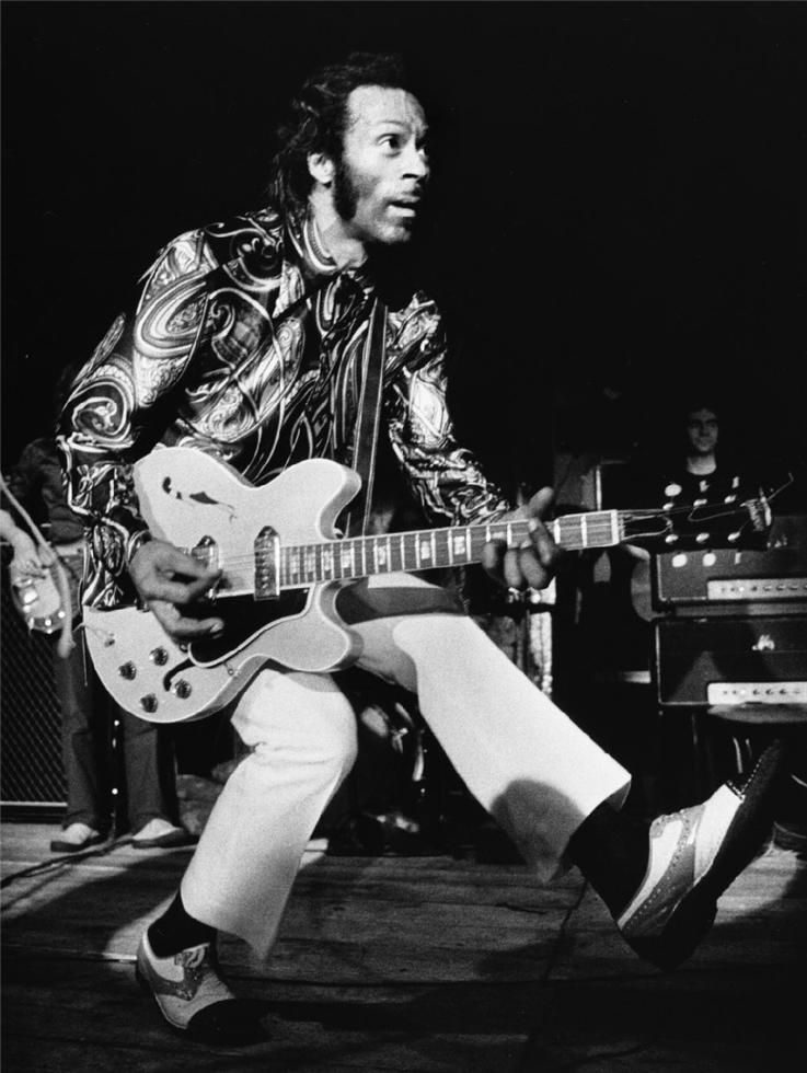 Chuck Berry performing on stage in England, photographed by Barrie Wentzell.