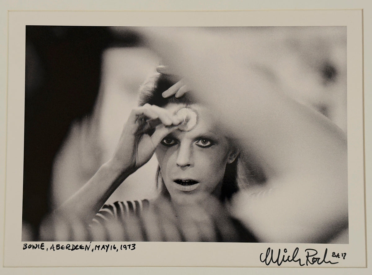 David Bowie in Aberdeen, May 16, 1973, hand-titled and signed by Mick Rock.