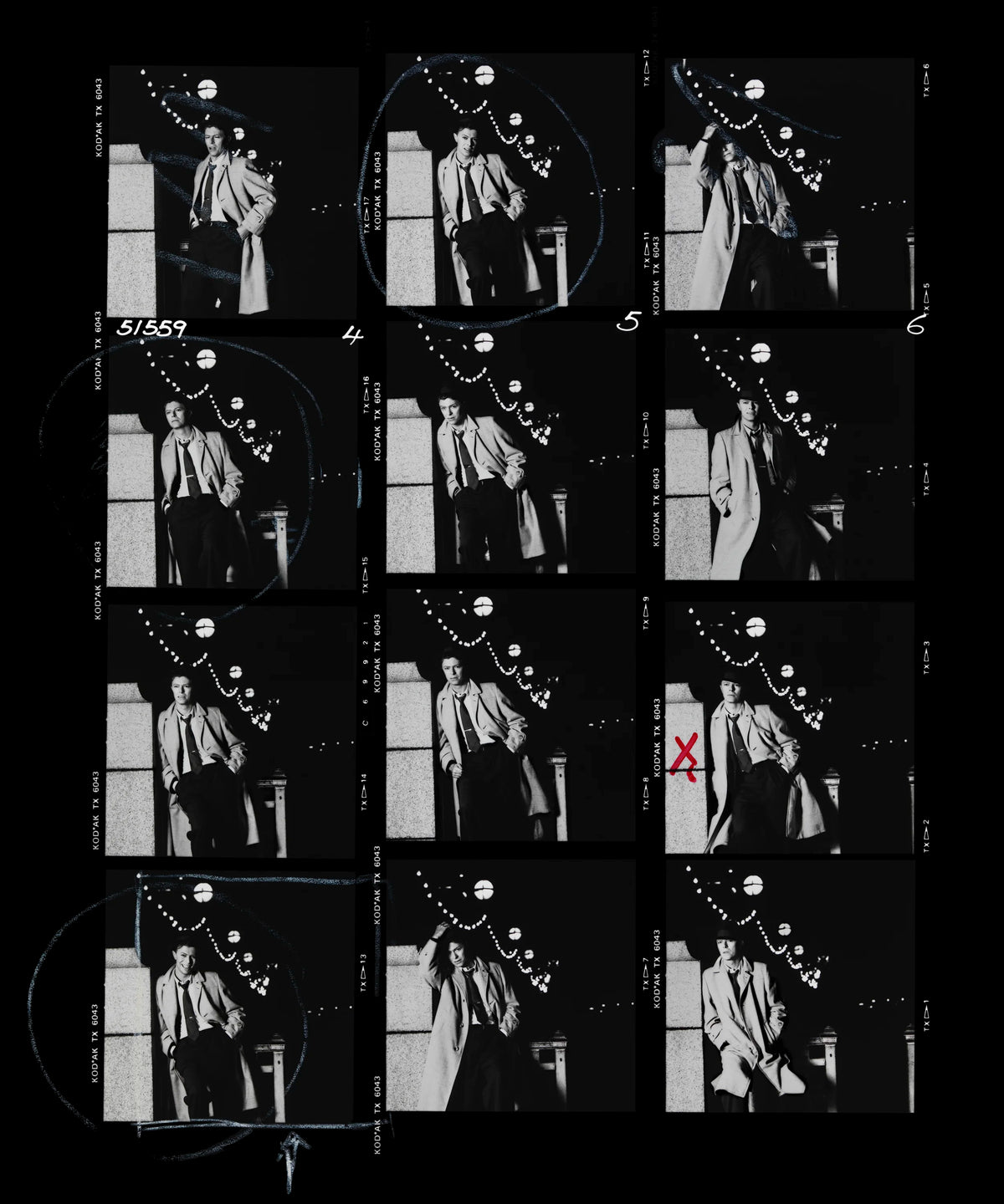 David Bowie, Absolute Beginners Contact Sheet, London, 1986, photographed by Chalkie Davies.